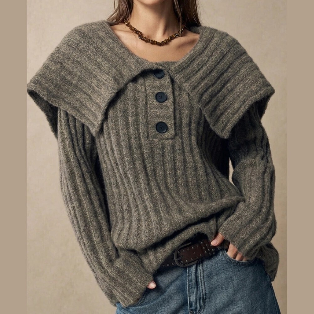 Brown Ribbed Knit Waterfall Collar Button Oversized Sweater